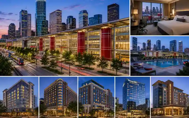 Hotels near George R. Brown Convention Center in Downtown Houston featuring luxury accommodations, rooftop pools, business hotels, and convention-friendly lodging options near the convention district.